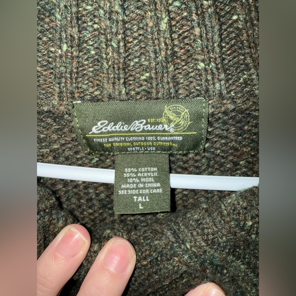 VTG Eddie Bauer Wool Blend Knit Pullover Henley Sweater Men’s SZ L Tall Green - Picture 2 of 7